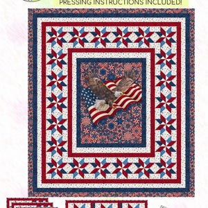 May include: A quilting pattern titled Wings of Freedom by Cathey Marie Designs. It features a 76" x 86" twin quilt, four 12" x 18" placemats, and a 12" x 36" runner. The design includes a bald eagle, American flag, and red, white, and blue star motifs.