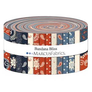 May include: A roll of fabric featuring a variety of patterned designs in red, white, and blue. The fabric has a bandana theme with paisley, floral, and horseshoe motifs. The text "Bandana Bliss" and "MARCUS Fabrics" are printed on a white band.