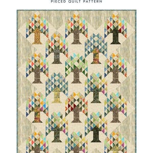 May include: A pieced quilt pattern titled "Tree Farm" by Laundry Basket Quilts. The quilt features a repeating pattern of trees with colorful geometric leaves and brown trunks on a light beige background. The quilt size is 60" x 80".