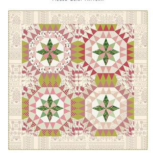 May include: A quilt pattern called "Noel Star" with a pieced design featuring a starburst pattern in shades of green, pink, and red. The quilt is 60 1/2 inches by 60 1/2 inches.