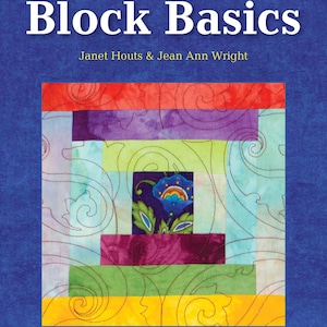 May include: A book cover titled "LOG CABIN Block Basics" with a colorful quilt block design. The cover features text in white and a blue background. The quilt block has red, purple, green, and yellow sections with a floral center.