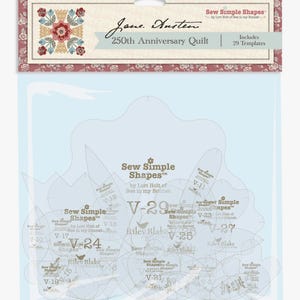 May include: A package of sewing templates for a quilt, featuring the text "Jane Austen 250th Anniversary Quilt." The package includes 29 templates and is labeled "Sew Simple Shapes" by Lori Holt of Bee in my Bonnet.