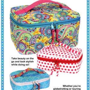 May include: A set of three train cases in different patterns and colors. The largest case is yellow with a paisley pattern and a pink handle. The medium case is white with red polka dots and a red and white striped handle. The smallest case is blue with a geometric pattern and a blue and yellow striped handle. The text "All Aboard! Train Case Trio" is at the top of the image.