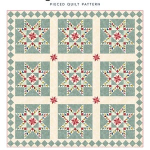 May include: A quilt pattern titled "Heritage Feathered Star" by Laundry Basket Quilts. The quilt design features nine star blocks in shades of red, green, and gold, set against a cream background. The quilt size is 68" x 68".