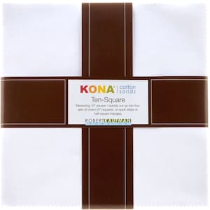 May include: A white 10-inch square fabric with a brown label that reads "KONA cotton solids Ten-Square Measuring 10" square, I quickly cut up into four sets of charm (5") squares, or quick strips or half-square triangles. ROBERTKAUFMAN FABRICS"