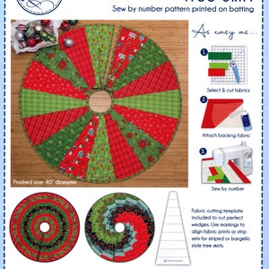 May include: A sewing pattern for a 40-inch diameter tree skirt. The pattern includes instructions for cutting and sewing the skirt, as well as a template for cutting perfect wedges. The pattern is printed on batting and includes a warning about cancer and reproductive harm.