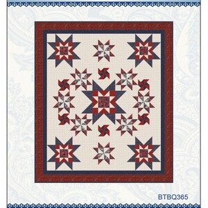 May include: A quilt pattern titled "Asteroids" featuring a cream-colored background with a repeating pattern of red and navy blue stars. The quilt has a red border and the text "Asteroids" is displayed at the top.