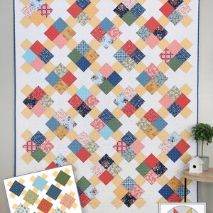 May include: A handmade quilt with a repeating pattern of colorful squares and diamonds. The quilt features a white background with yellow crosshatch accents. The text "Prime Time" is at the top. A smaller image shows block options. "2 block options included" is written.