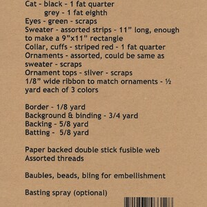 May include: Bah Humbug wall hanging pattern instructions. Supplies include fabric, ribbon, and embellishments. The pattern is for a 19 inch square wall hanging.