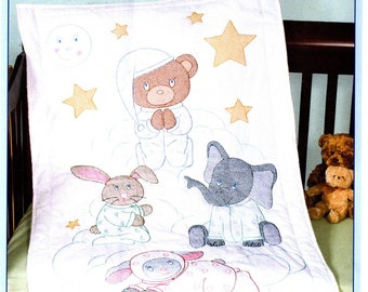 Praying Bear and Friends Crib Quilt Top *Stamped Cross Stitch & Embroidery Fabric Panel* From: Jack Dempsey Needle Art