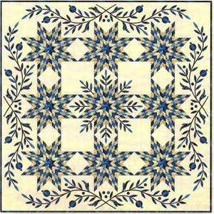 May include: A quilt pattern called "Snowflake" with a blue and cream color scheme. The pattern features a repeating star design with a border of leafy vines. The quilt is 73 inches by 73 inches.