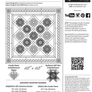 May include: A black and white quilt pattern package titled "Winter Traditions." The package includes newsprint for expanding and adding embellishments to an 85x85 quilt pattern. The quilt design is 112" x 112". Includes inventory numbers and copyright information.