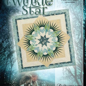 May include: A quilt pattern titled "Twinkle Star" with a starburst design in shades of cream, green, and blue. The quilt is surrounded by a patterned border. The image includes the text "Timeless Treasures Antique Garage" and "Quiltworx.com".