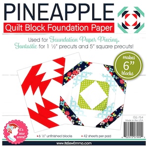 May include: A sheet of foundation paper piecing for quilting, featuring a pineapple design. The sheet is white with red, green, blue, and white fabric pieces. The sheet is labeled "Pineapple Quilt Block Foundation Paper" and "makes 6" blocks".
