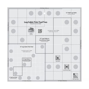 May include: A clear, square quilting tool with a grid pattern and various labeled sections for log cabin and courthouse steps designs. The tool includes text that reads "Log Cabin Trim Tool Two" and "Designed by Jean Ann Wright."