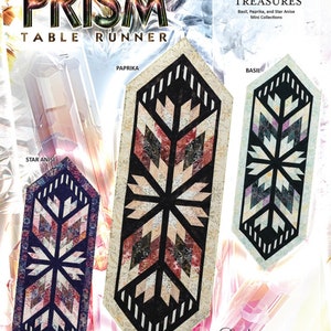 May include: Three table runners with a snowflake design in different color schemes. The table runners are called "Star Anise", "Paprika", and "Basil". The text "TIMELESS TREASURES Basil, Paprika, and Star Anise Mini Collections" is at the top of the image. The text "Quiltworx.com FOUNDATION PAPER PIECING" is at the bottom of the image.