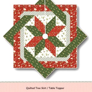 May include: A star-shaped quilted tree skirt or table topper featuring a geometric pattern in red, green, and white. The design includes a central star motif, striped borders, and a festive holiday print. Text reads Star Weave Tree Skirt.