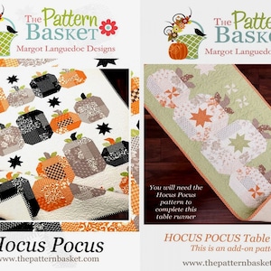 May include: A digital download pattern for a Hocus Pocus table runner featuring a green, orange, and white pumpkin design. The pattern is an add-on to the Hocus Pocus quilt pattern. "You will need the Hocus Pocus pattern to complete this table runner." and "This is an add-on pattern." are included in the image.