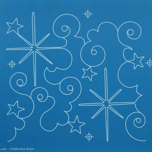 May include: A blue quilting stencil featuring white line art of two large multi-pointed stars, several smaller stars, swirling cloud-like patterns, and small crosshair registration marks. The text #60041 www.FullLineStencil.com ©2020 Anne Bright is visible.