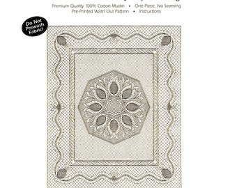 Pre-Printed Wholecloth Quilt Top "Feathered Pineapple" in White Muslin * Kit - Includes Fabric + Binding* By: Holice Turnbow for Benartex