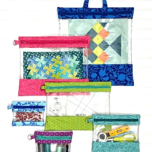 May include: A sewing pattern for six sizes of clear zippered bags with colorful fabric accents. The pattern is called "Clearly Organized" and includes instructions for making the bags.