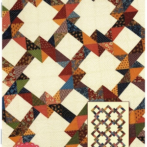 May include: A quilt pattern called "Knot Today" designed by Ángeles Jaso Tucker. The pattern features a geometric design with a mix of red, orange, yellow, green, blue, and brown fabrics. The pattern is shown in a full-size quilt and a smaller block.