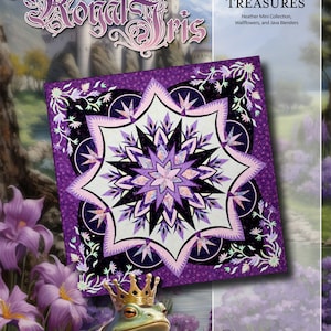 May include: A purple and white quilt block with a starburst design. The quilt block is surrounded by a border of purple and white flowers. The quilt block is titled "The Royal Iris" and is part of the "Timeless Treasures" collection. The quilt block is made using foundation paper piecing.