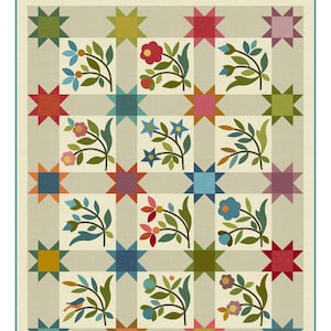 May include: A quilt pattern titled "Spring Sprouts LT" with a beige background and colorful star and floral designs. The quilt size is 42" x 53". The pattern includes red, blue, green, and pink stars and floral applique designs.