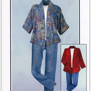 May include: A sewing pattern for a casual jacket with a slightly flared 3/4 length sleeve or full length sleeve. The pattern is available in sizes 8 to 24. The image shows a model wearing a blue and purple patterned jacket with jeans and a red jacket with jeans.
