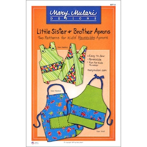 May include: Two sewing patterns for reversible aprons for kids. The patterns are for a sister and brother apron. The sister apron has a green and white polka dot pattern on one side and a green and white striped pattern on the other side. The brother apron has a blue and green monster pattern on one side and a solid green pattern on the other side. The patterns are available in two sizes: medium and small.