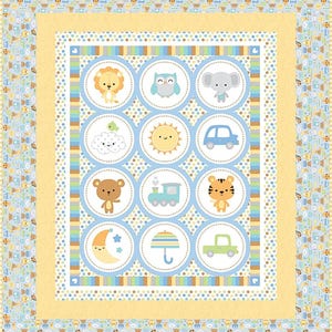 May include: A rectangular quilt featuring a light blue border with small animal and vehicle icons, a yellow frame, and a central grid of twelve circular patches. The patches display illustrations of a lion, owl, elephant, cloud, sun, car, bear, train, tiger, moon, umbrella, and truck.