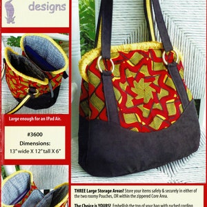 May include: A sewing pattern for a large tote bag with three storage areas. The bag is made of red, yellow, and black fabric with a geometric pattern. The pattern includes instructions for two different bag front options. The bag is large enough to fit an iPad Air. The pattern is called "The Triple Play" and is designed by Studio Kat.