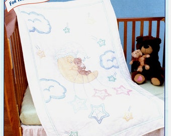 Bear on the Moon Crib Quilt Top *Stamped Cross Stitch + Embroidery Fabric Panel* From: Jack Dempsey Needle Art