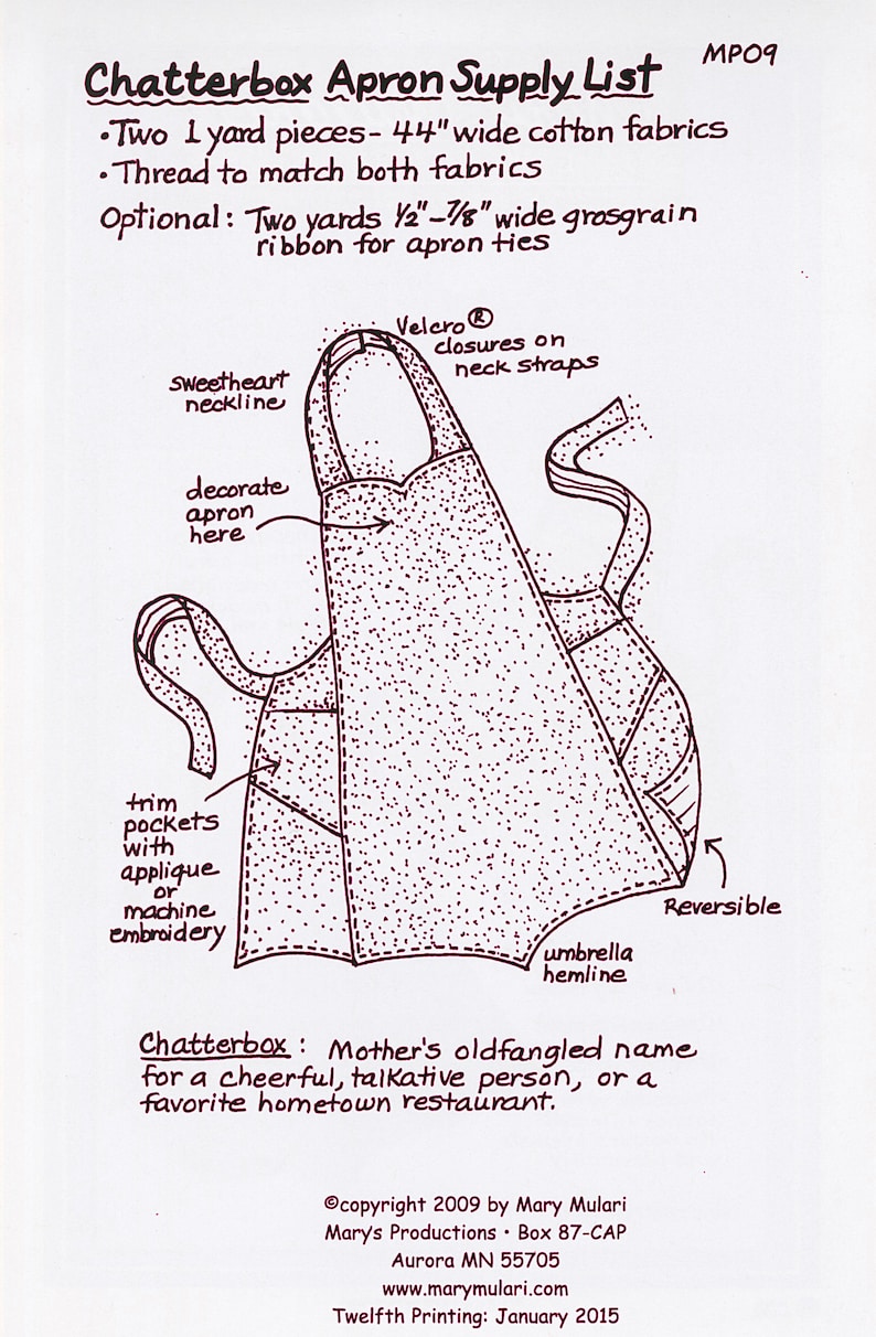 May include: Hand-drawn illustration of an apron pattern with instructions for sewing a reversible apron. The pattern includes details for a sweetheart neckline, trim pockets, and an umbrella hemline. The text reads "Chatterbox: Mother's oldfangled name for a cheerful, talkative person, or a favorite hometown restaurant."