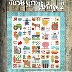 May include: A colorful quilt with a farm theme, featuring various appliqued images of farm animals, tools, and produce. The quilt has a white background with a teal border and the text "Farm Girl Vintage 2".