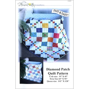 May include: A quilt pattern with the text "Diamond Patch Quilt Pattern". The quilt features a colorful patchwork design with squares of various colors. The pattern includes crib, twin, and queen sizes. The image also includes the text "FAST & EASY!"