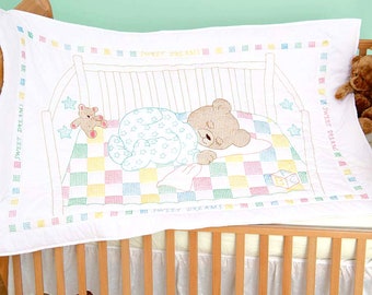 Snuggly Teddy Crib Quilt Top *Stamped Cross Stitch & Embroidery Fabric Panel* From: Jack Dempsey Needle Art