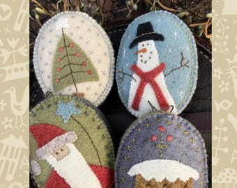 Snowmen & Santa Decorations *Appliqué and Hand-Embroidery - Sewing Pattern*  From: Hatched and Patched