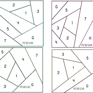May include: Four square quilt block patterns with numbered geometric shapes. Each block has a unique arrangement of shapes and is labeled with a code: PCW146, PCW144, PCW141, and PCW139. The blocks are outlined in black.