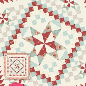 May include: A quilt pattern called "Goose & Gander" designed by Ángeles Jaso Tucker. The pattern features a patchwork design with red, blue, and white squares and triangles. The quilt is made with a floral fabric. The pattern is available on the website www.ItsSewEmma.com.