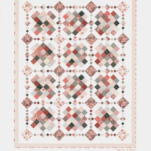 May include: A patchwork quilt with a floral and geometric design. The quilt features squares in shades of red, pink, gray, and black. The quilt is 80.75 inches by 102 inches and is titled "Prairie Patchwork".