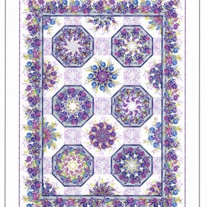 May include: A floral quilt titled "Garden of Dreams II Kaleidoscope Quilt" features a white background with a checkerboard pattern. The quilt showcases octagonal floral designs in shades of purple, blue, and green, framed by a floral border. The artist's name, Jason Yenter, is at the bottom.