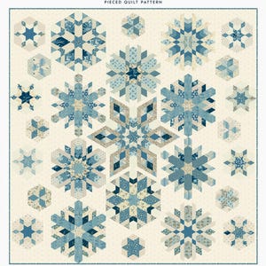 May include: A quilt pattern called "Blizzard" featuring a snowflake design in shades of blue and cream. The quilt is 63 1/2 inches by 65 inches.