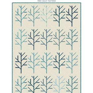 May include: A quilt pattern titled "Blue Birch" featuring a repeating tree design in shades of blue on a cream background. The quilt measures 52.5 inches by 74.75 inches. The text "LAUNDRY BASKET QUILTS" and "TREE QUILT PATTERN" are also visible.