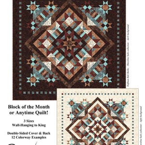May include: A quilt pattern with the word "Glorious" at the top. The design features geometric shapes in shades of brown, teal, and cream. The text "Block of the Month or Anytime Quilt!" is also visible.