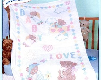 Baby Loves Bears Crib Quilt Top *Stamped Cross Stitch + Embroidery Fabric Panel* From: Jack Dempsey Needle Art