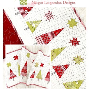 May include: A white fabric table runner with a red and green Christmas tree design. The runner features a repeating pattern of trees with red and green fabric squares. The text "Snowy Pines Table Runner" and "www.thepatternbasket.com" is printed at the bottom of the image.