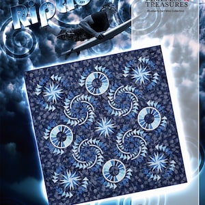 May include: A quilt pattern design called "Riptides" featuring a blue and white swirling pattern with a snowflake design. The quilt pattern is part of the "Timeless Treasures Blueberry Tart Mini Collection" and is a foundation paper piecing pattern.