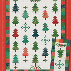 May include: A quilt pattern featuring a design of Christmas trees in various colors and patterns. The pattern is called "Under the Pines" and is by Anka's Treasures.