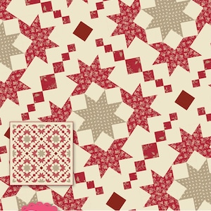 May include: A quilt pattern called "Chantilly" featuring a repeating pattern of red and beige stars on a cream background. The pattern is designed by Jocelyn Ueng and is available in four sizes, including King. The text "it's sew emma" is in a pink circle with a girl's illustration.